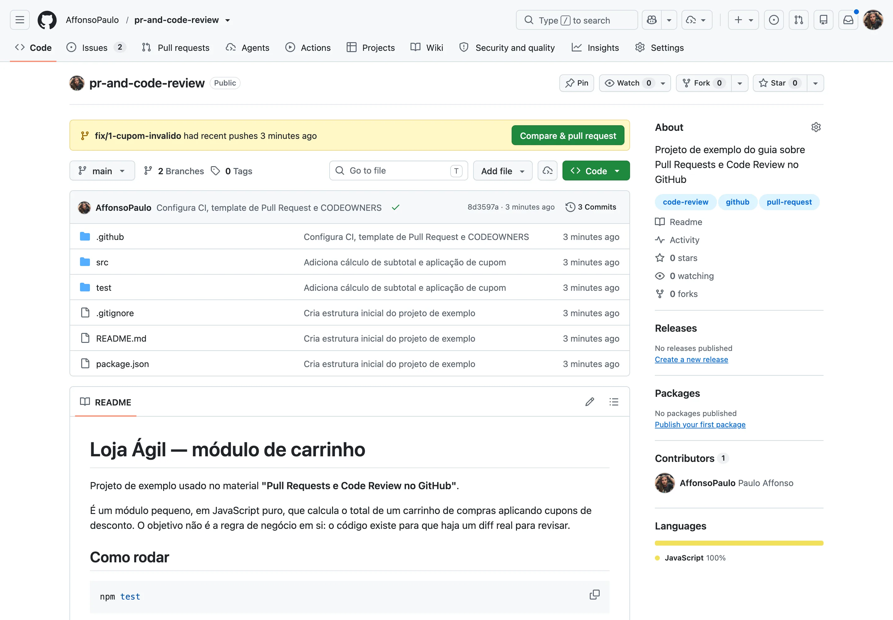 Página inicial do repositório com a faixa amarela indicando que a branch fix/1-cupom-invalido recebeu pushes recentes e o botão verde Compare and pull request.