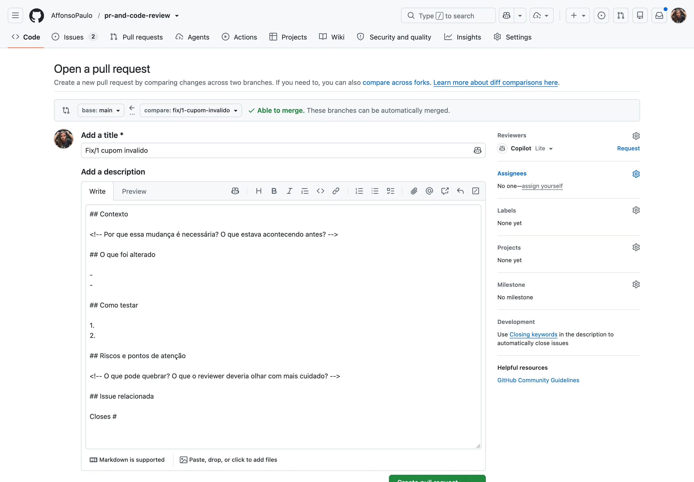 Formulário Open a pull request com o título preenchido automaticamente como Fix/1 cupom invalido e a descrição preenchida com o template do repositório.