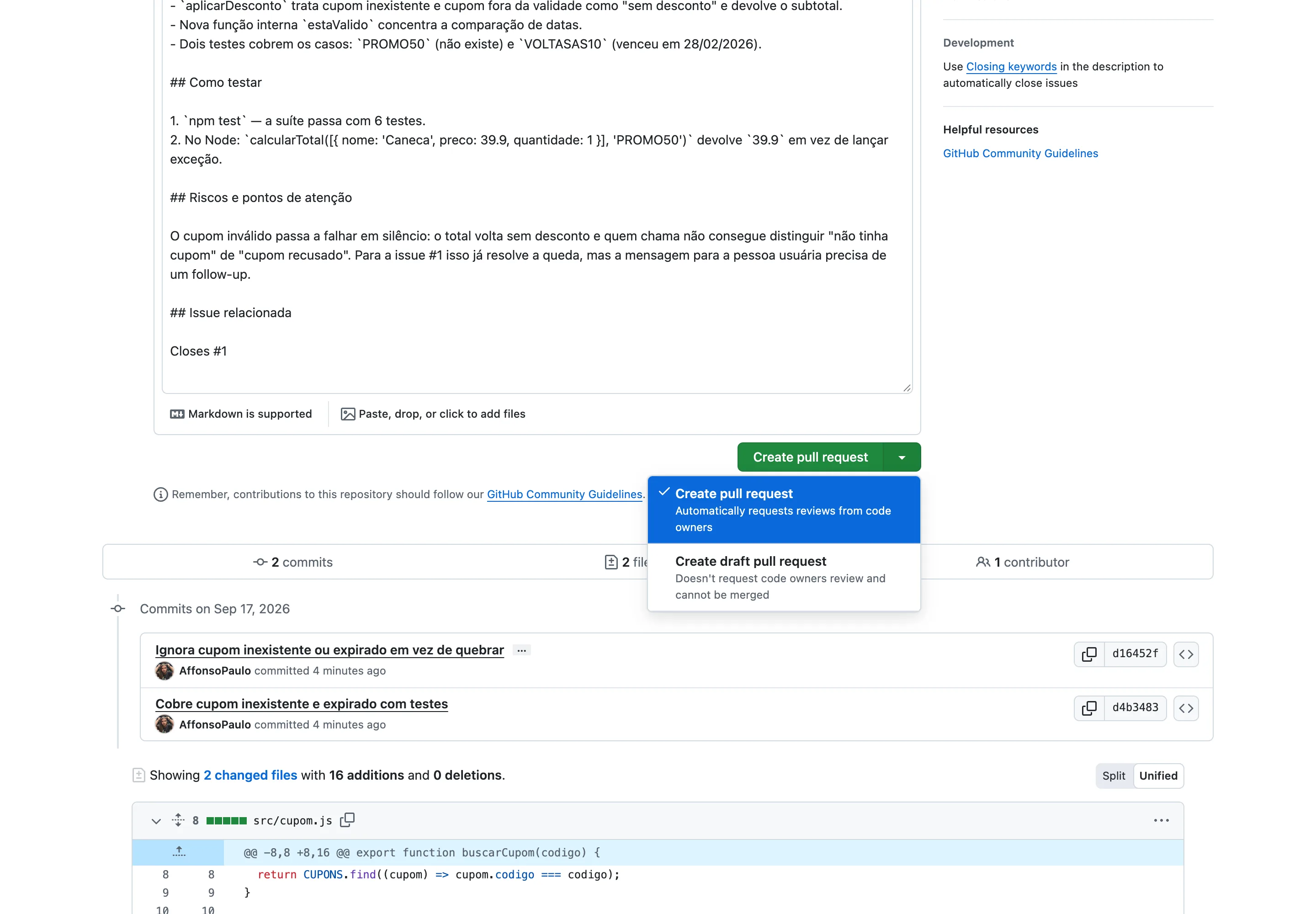 Menu aberto ao lado do botão Create pull request, com as opções Create pull request e Create draft pull request e suas descrições.