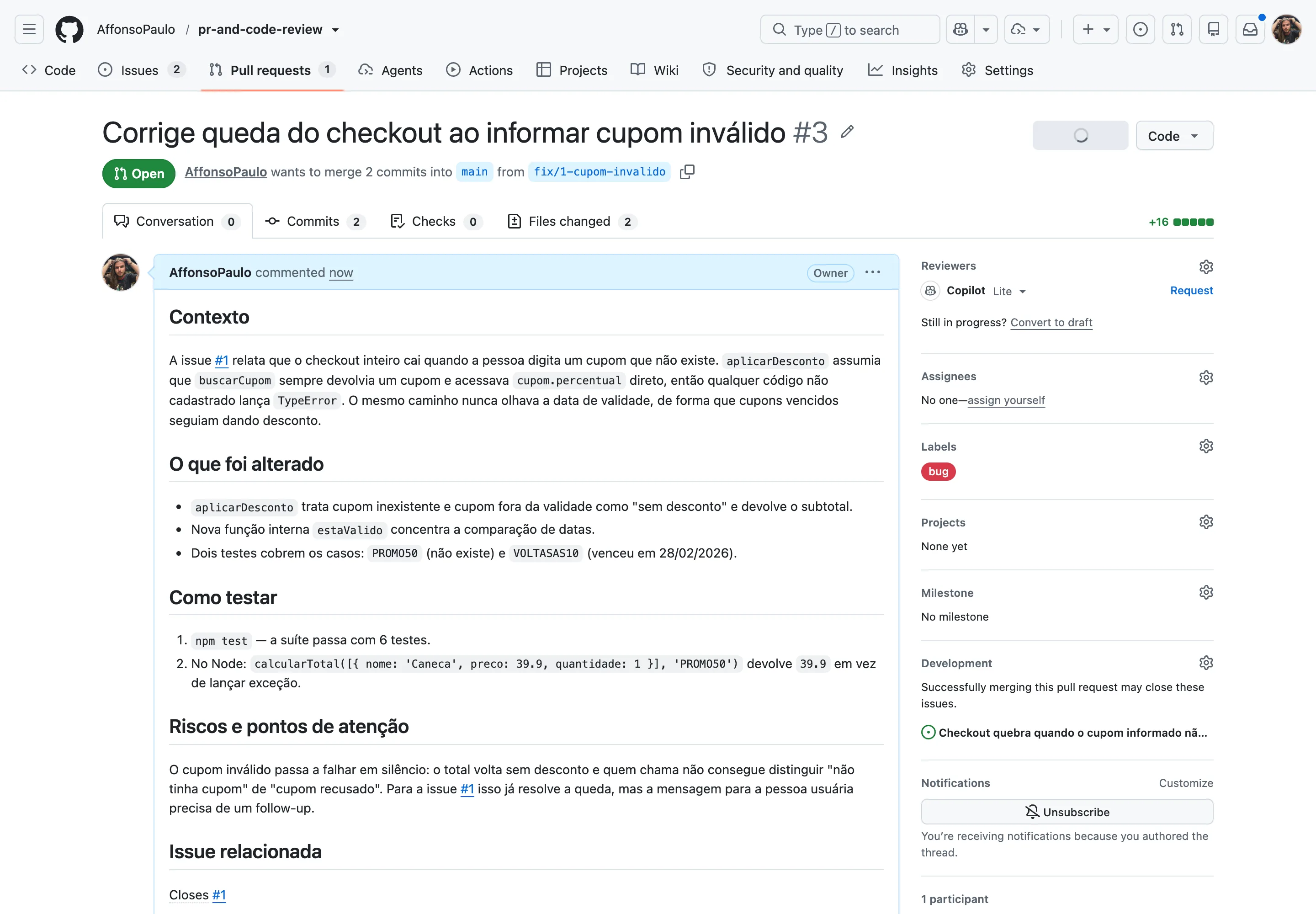 Pull Request número 3 criado, mostrando título, estado Open, abas Conversation, Commits, Checks e Files changed, a descrição renderizada e a barra lateral com a label bug e a issue vinculada.