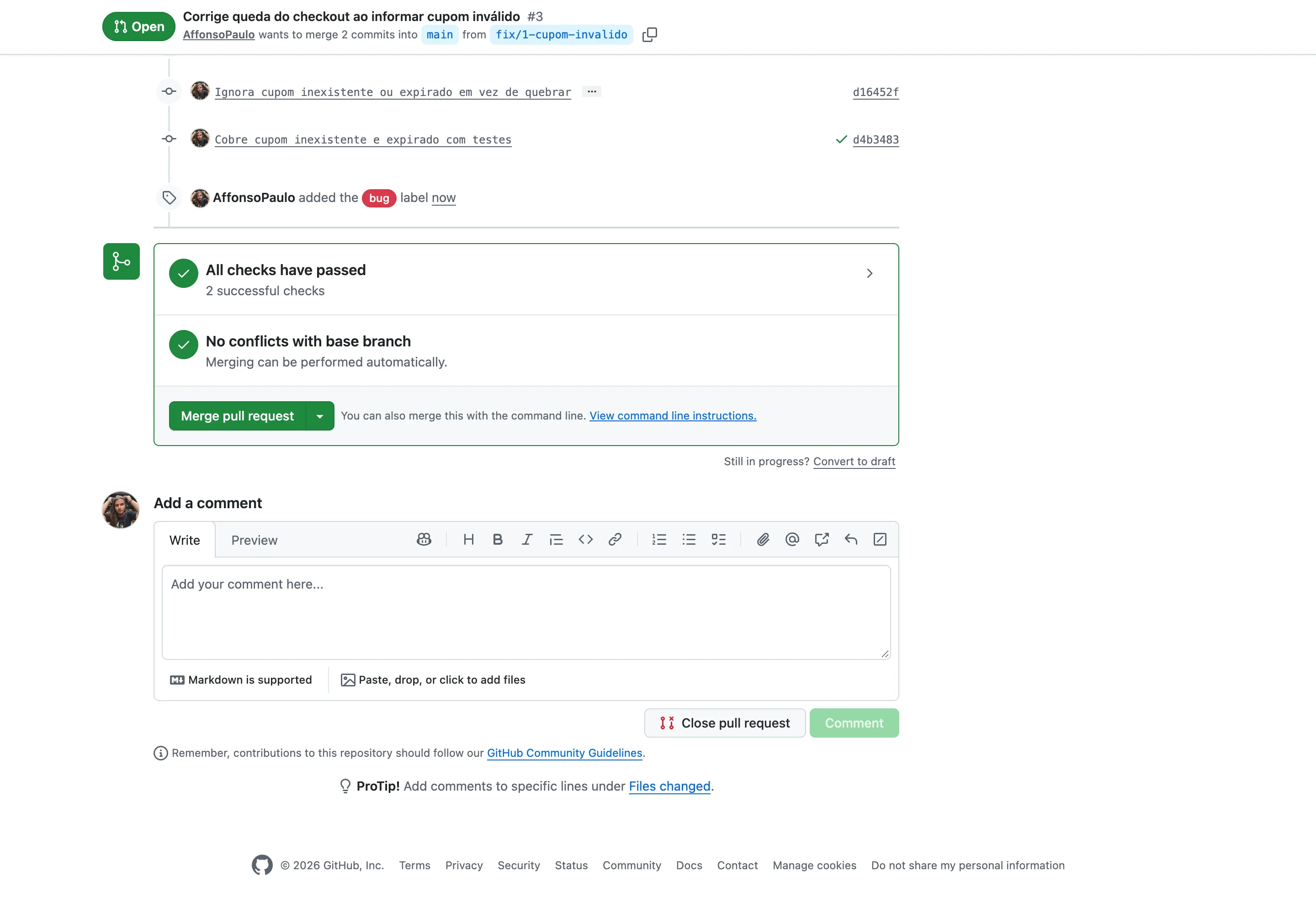 Caixa de status do Pull Request com All checks have passed, dois checks bem-sucedidos, No conflicts with base branch e o botão verde Merge pull request.