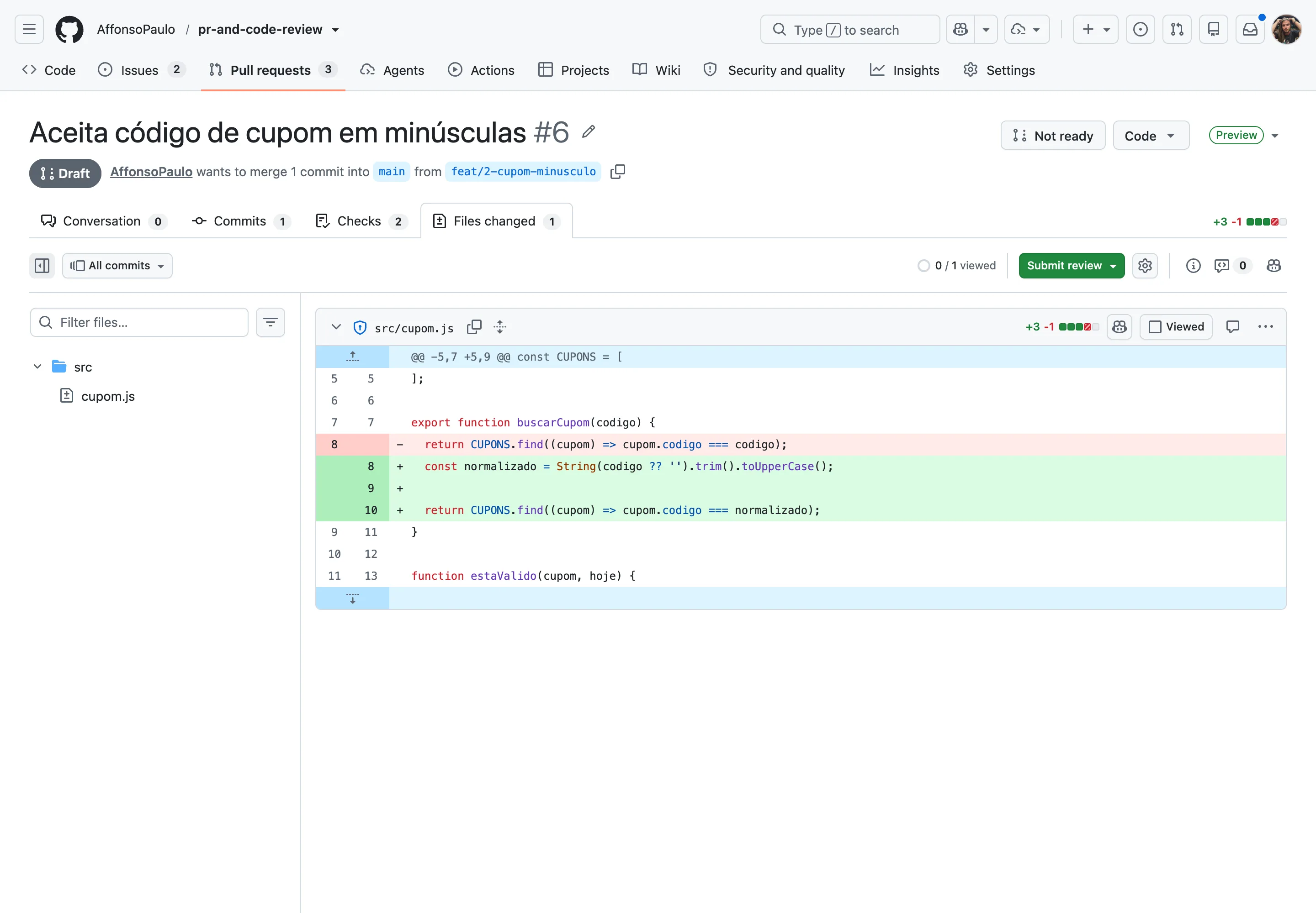 Aba Files changed mostrando o diff de src/cupom.js com uma linha removida em vermelho e três adicionadas em verde, além da árvore de arquivos à esquerda e do contador zero de um visualizado.