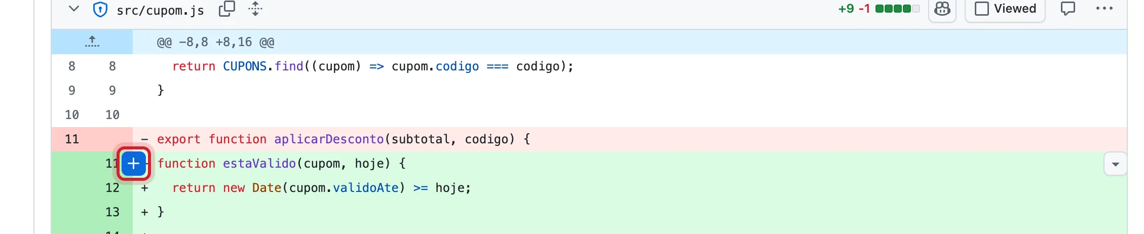 Linha do diff com o cursor sobre ela, exibindo o botão azul de adicionar comentário na margem esquerda, destacado em vermelho.