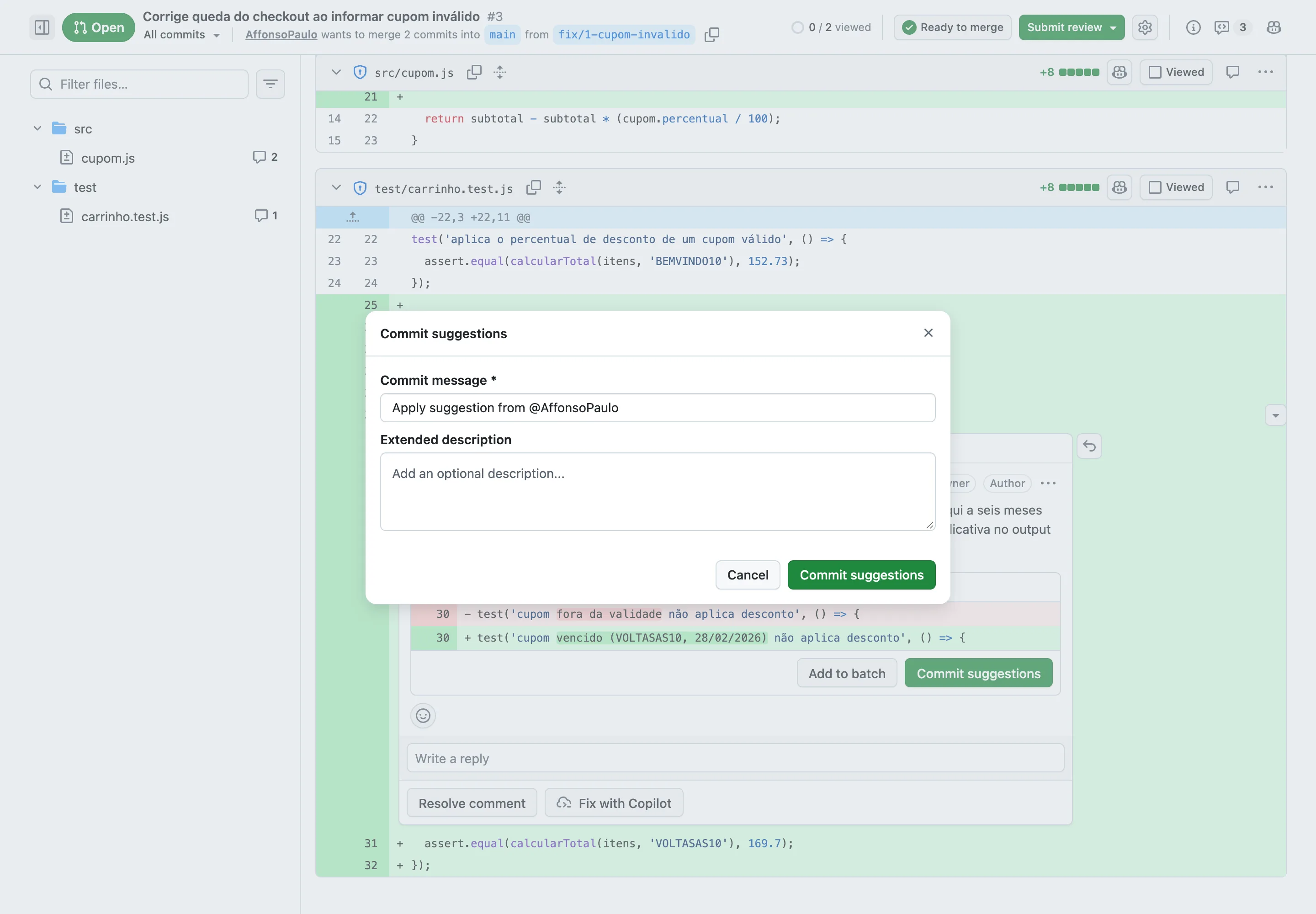 Modal Commit suggestions com o campo de mensagem preenchido automaticamente como Apply suggestion from at AffonsoPaulo e um campo de descrição estendida.
