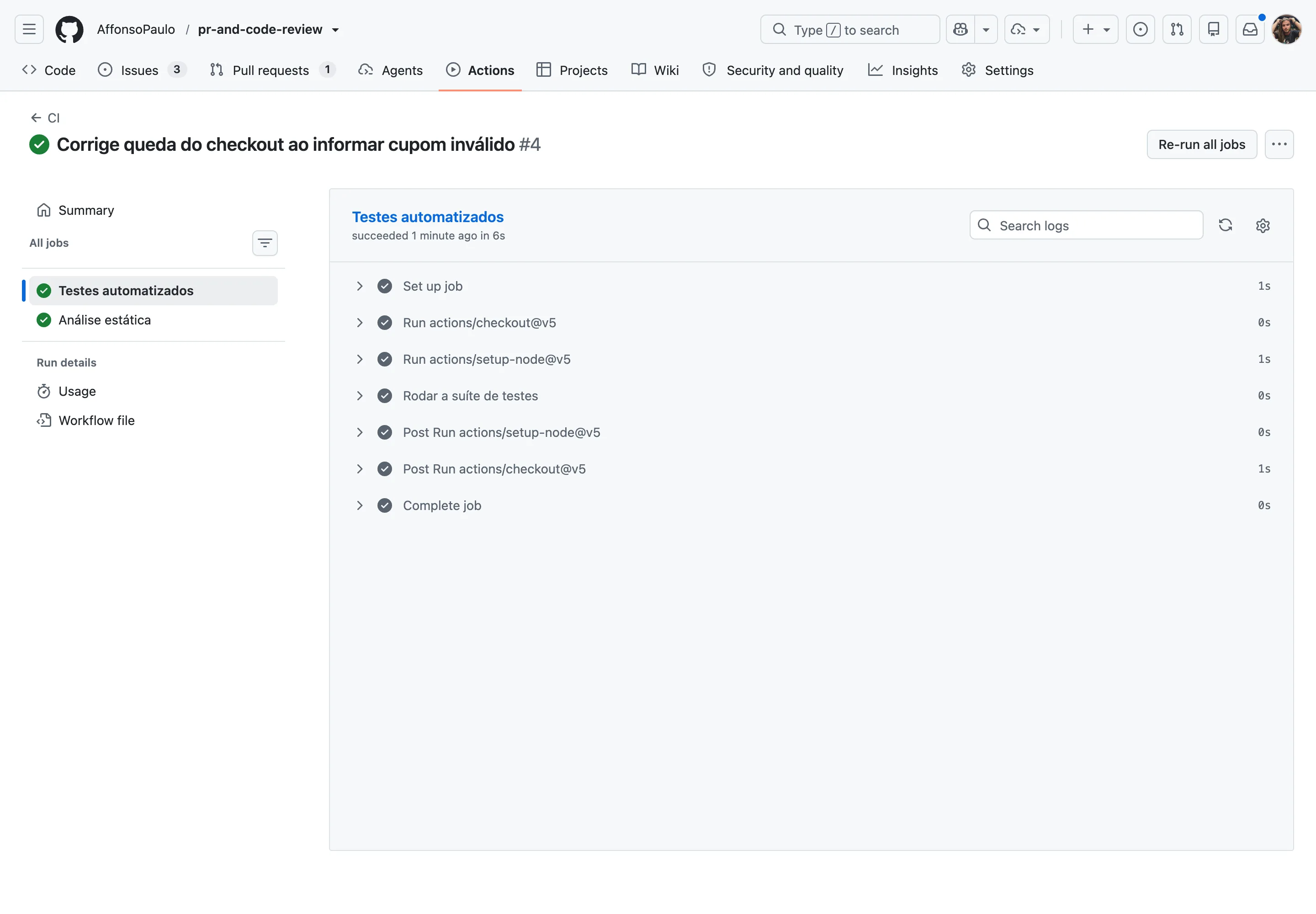 Página de execução do GitHub Actions mostrando os jobs Testes automatizados e Análise estática, com a lista de passos executados e o tempo de cada um.