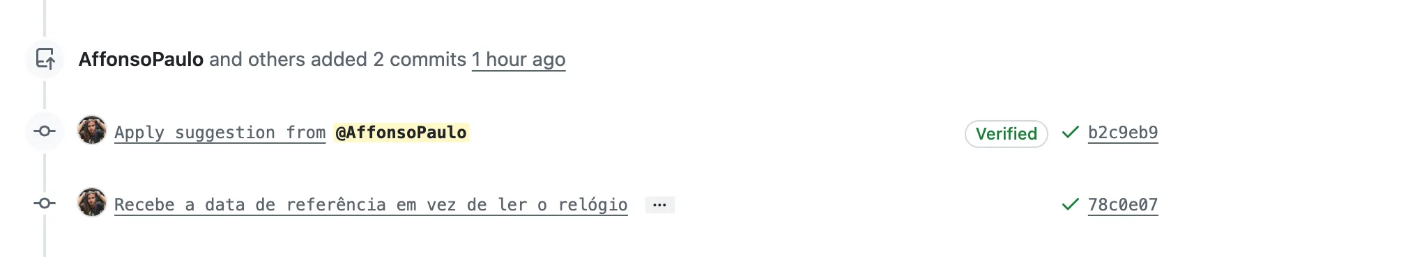 Linha do tempo do Pull Request mostrando o evento AffonsoPaulo and others added 2 commits, com os dois commits listados e seus identificadores.