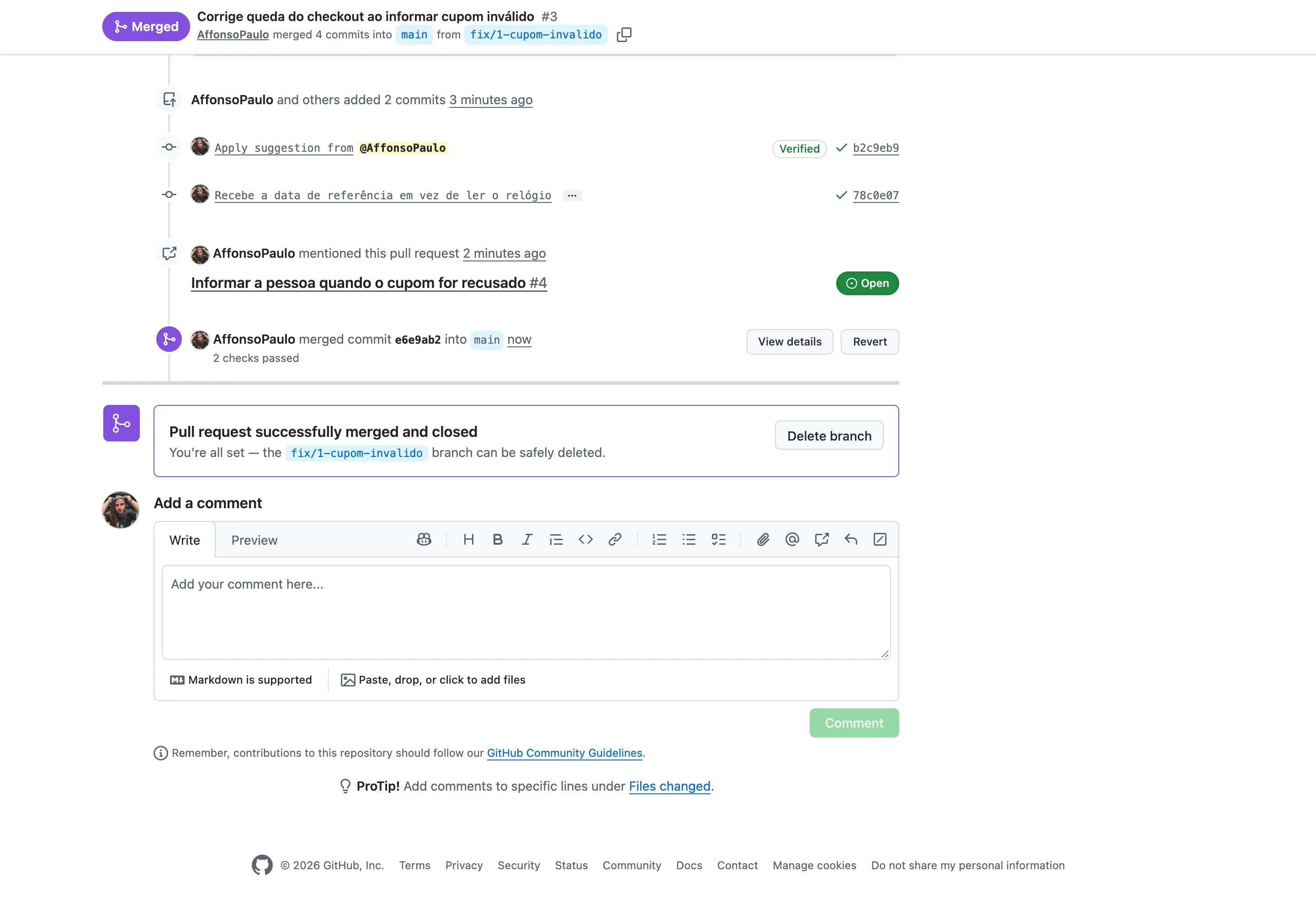 Pull Request com selo Merged, evento informando que o commit e6e9ab2 foi mergeado na main, e a caixa Pull request successfully merged and closed com o botão Delete branch.