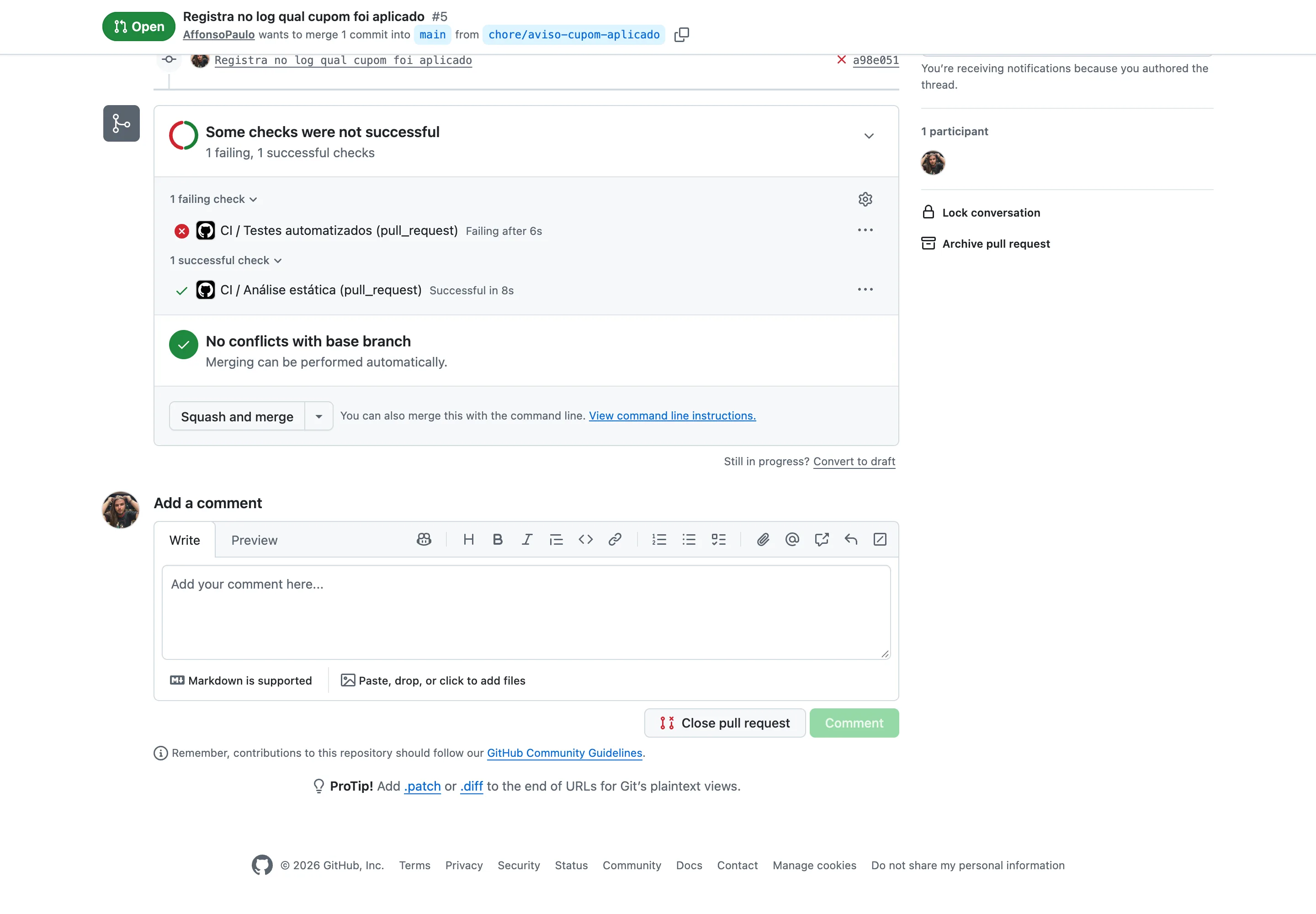 Caixa de status do Pull Request indicando Some checks were not successful, com o job Testes automatizados marcado como falho e o job Análise estática marcado como bem-sucedido.