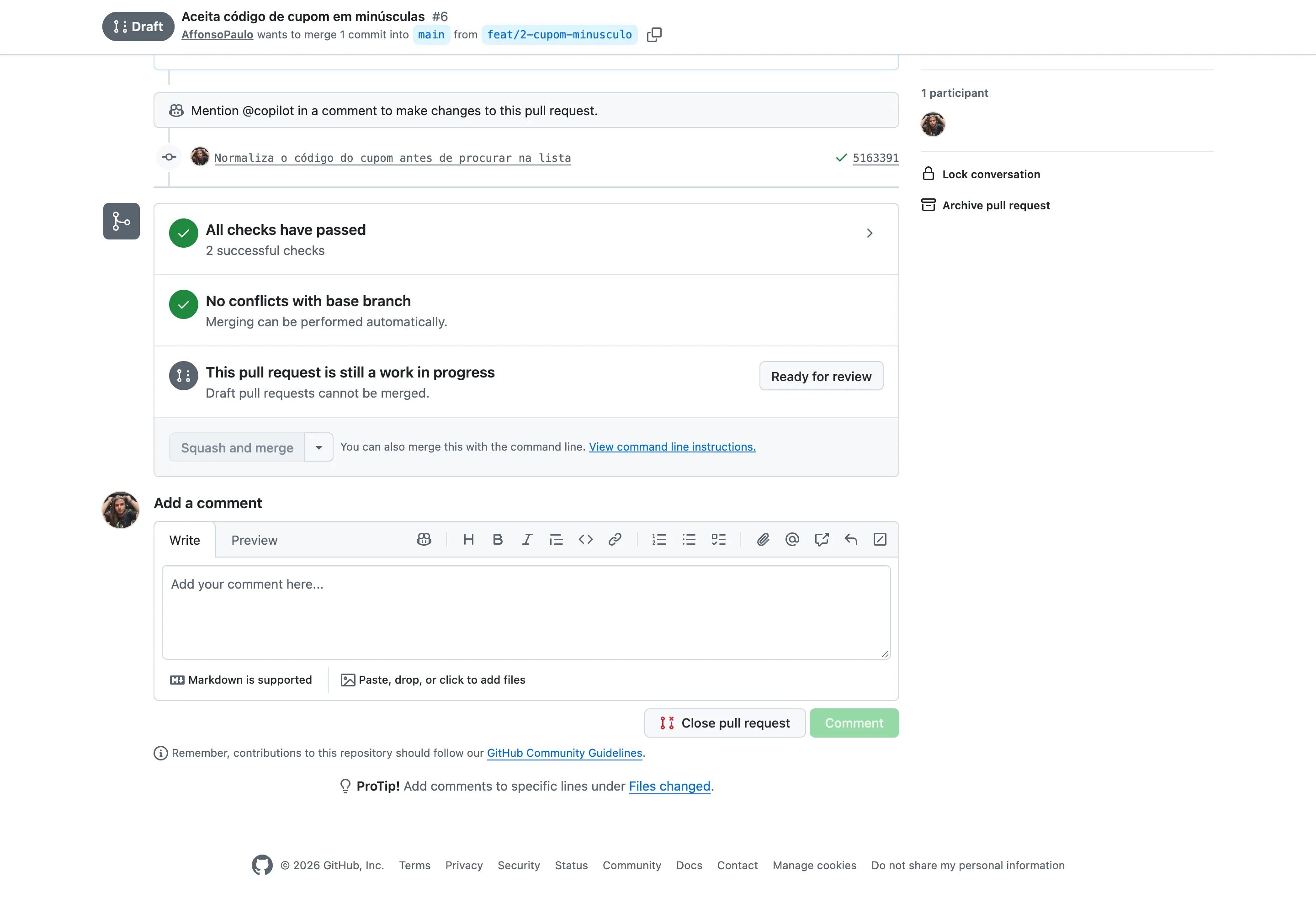 Caixa de status de um Pull Request em rascunho, com a mensagem This pull request is still a work in progress, Draft pull requests cannot be merged, o botão Ready for review e o botão de merge desabilitado.