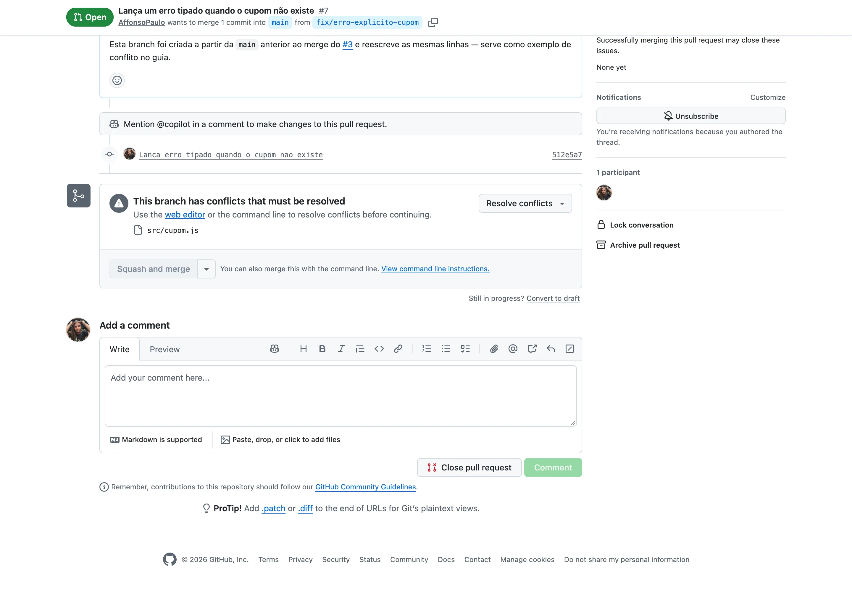 Caixa de status do Pull Request informando que a branch tem conflitos que precisam ser resolvidos, com o botão Resolve conflicts e o botão de merge desabilitado.
