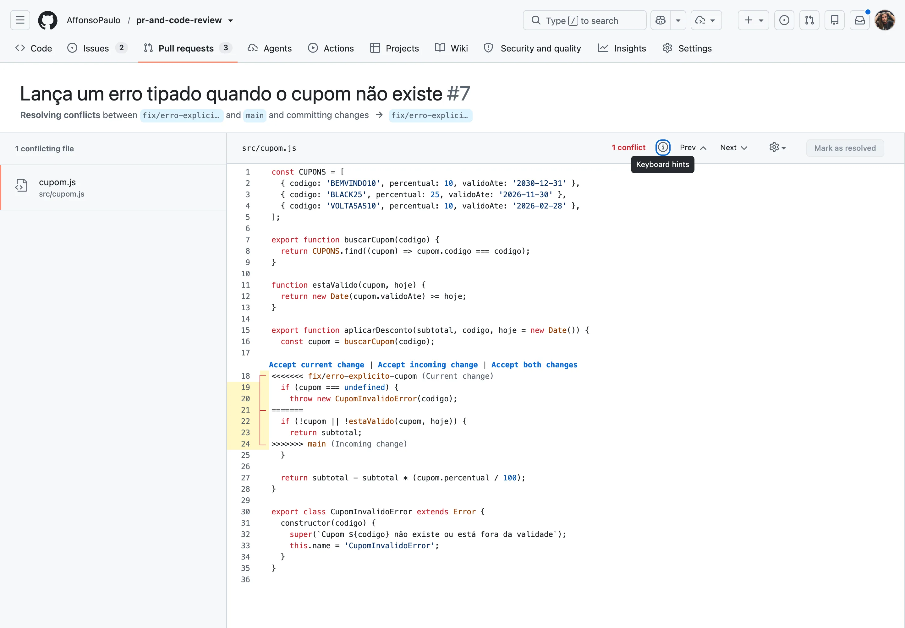 Editor de conflitos do GitHub mostrando o arquivo cupom.js com os marcadores de conflito e os atalhos Accept current change, Accept incoming change e Accept both changes.