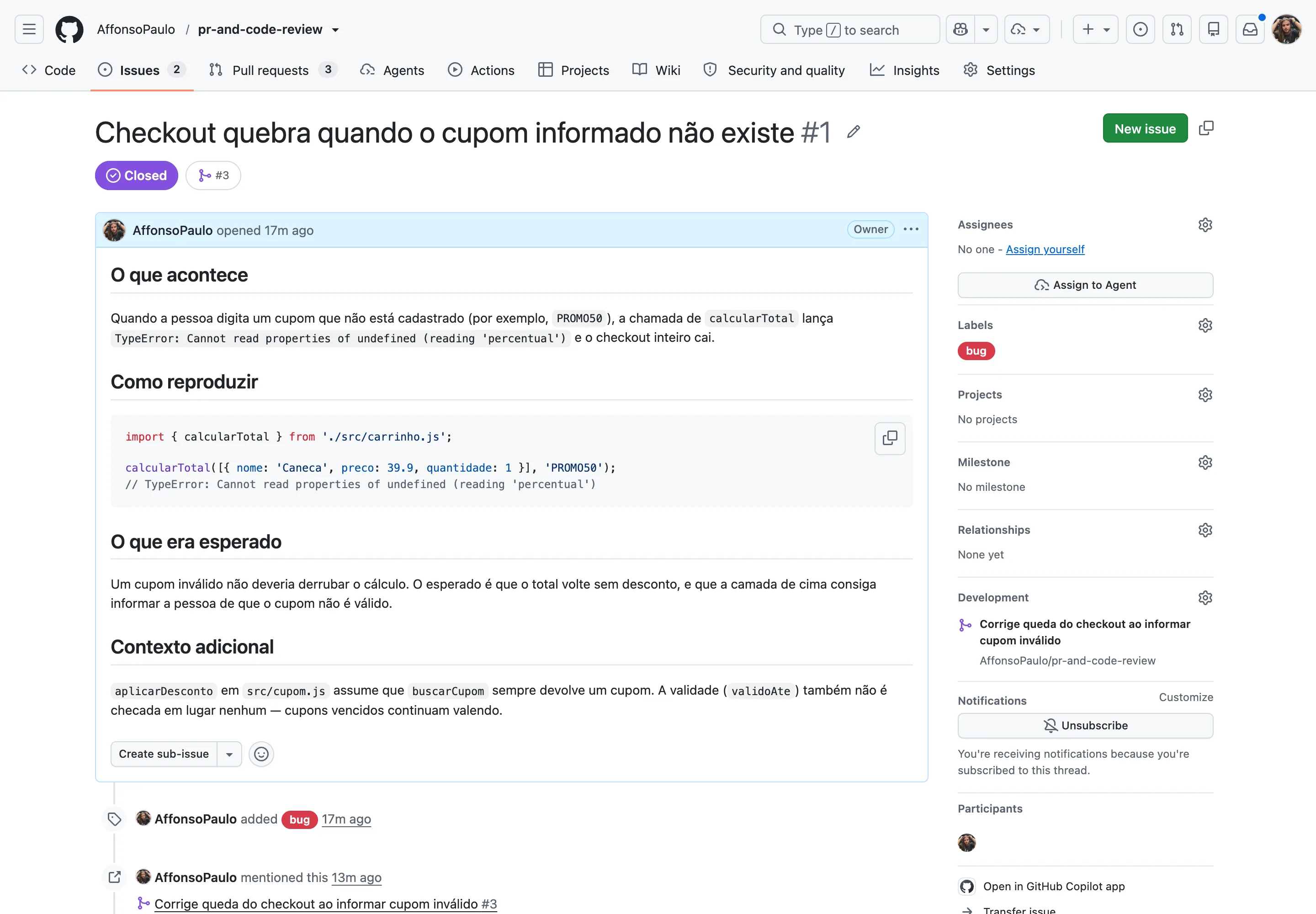 Página da issue número 1 do repositório, com título, descrição explicando o erro, exemplo de reprodução em código e a label bug na barra lateral.