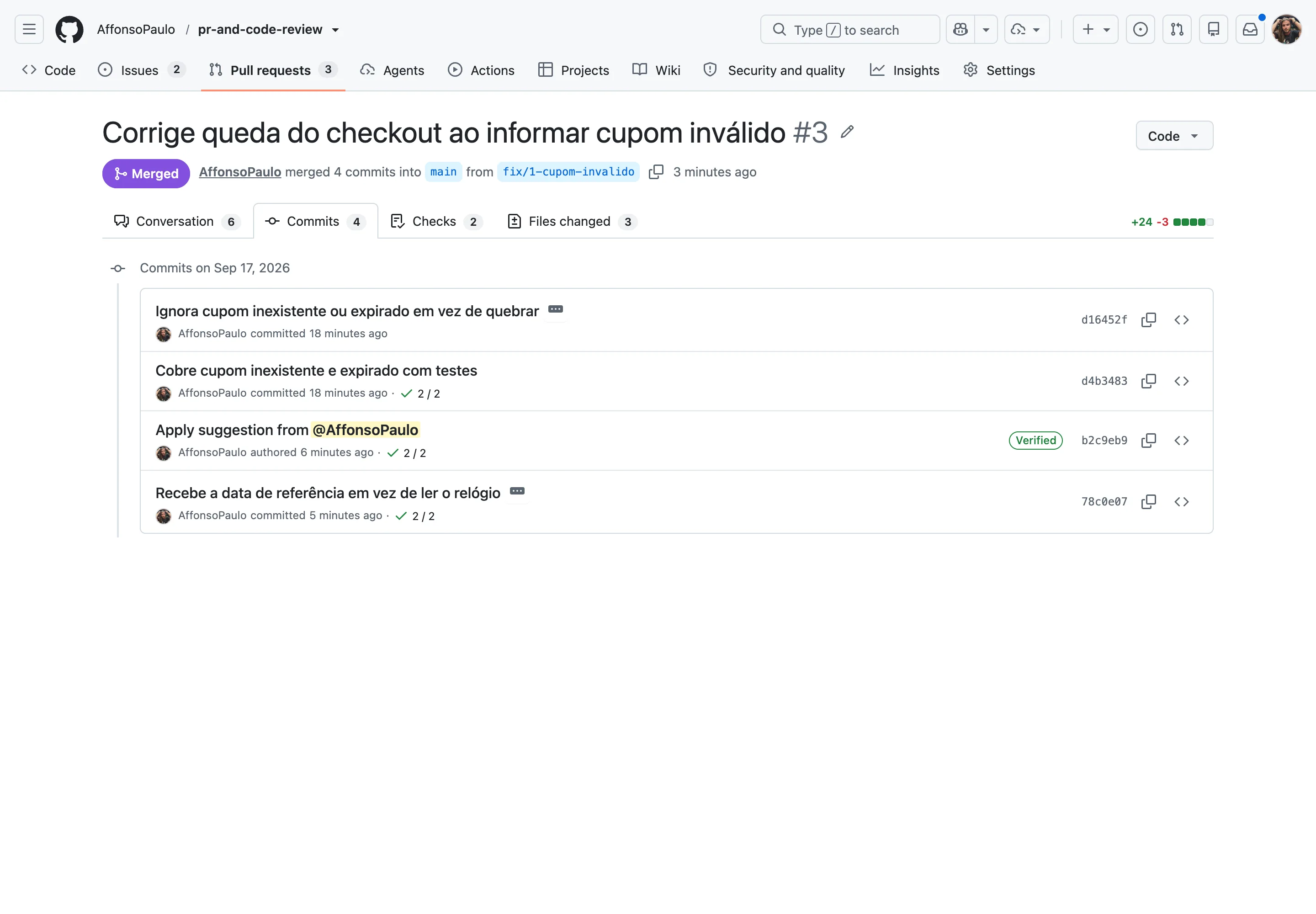 Aba Commits do Pull Request listando quatro commits com mensagem, autor, horário, resultado dos checks e identificador de cada um.