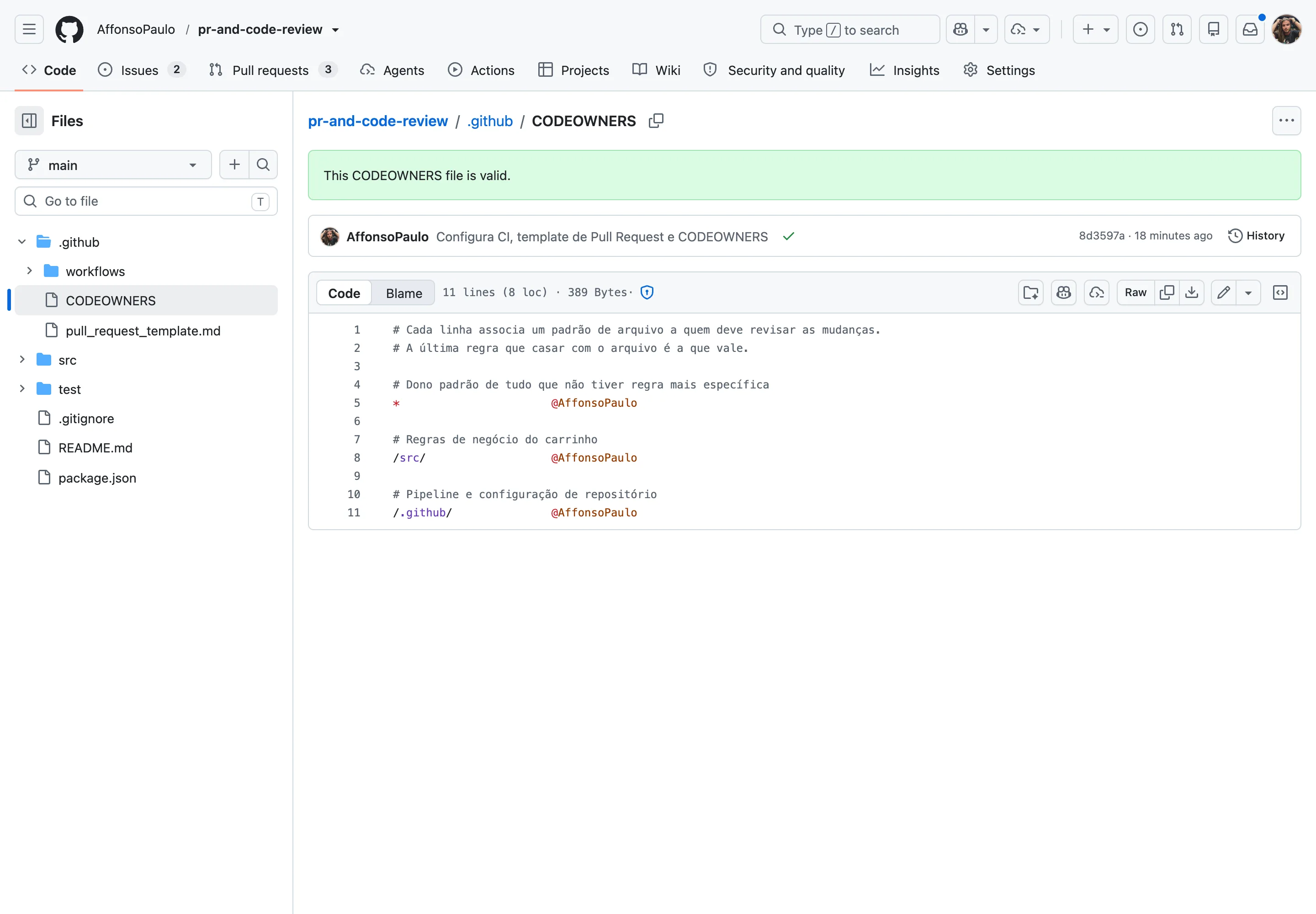 Arquivo CODEOWNERS aberto no GitHub, com a faixa verde informando que o arquivo é válido e as onze linhas do conteúdo.